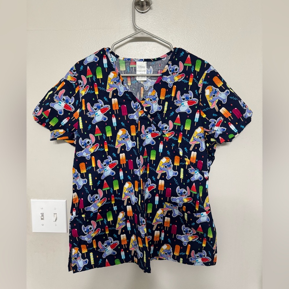Disney Stitch and Popsicles Navy Scrub Top